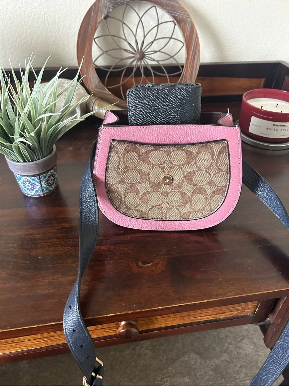 Coach Signature Remi Saddle Crossbody in navy blue and pink, classic coach